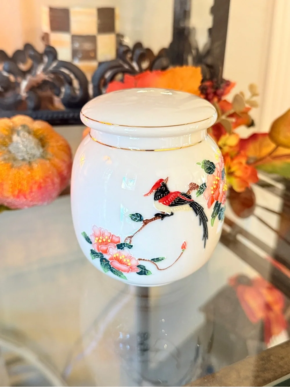 Vintage Teavana Sky-Bird fine Porcelain Tea Canister with Hand-Painted Bird